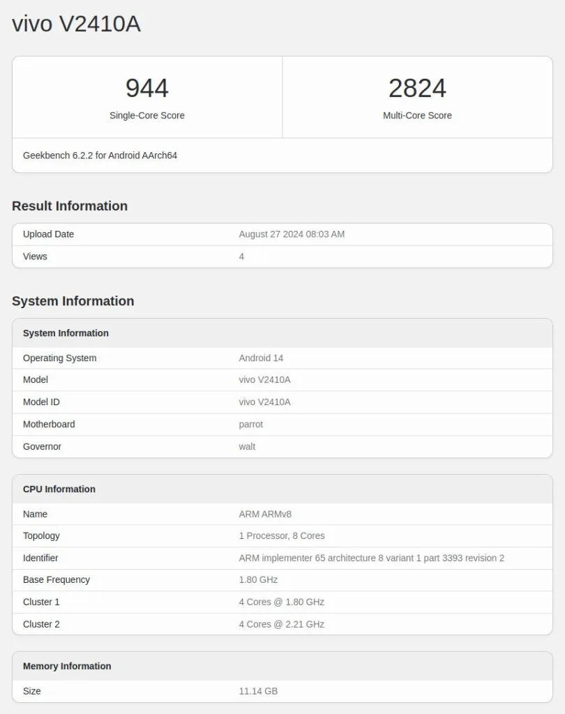 Vivo Y300 Pro 5G smartphone geekbench report