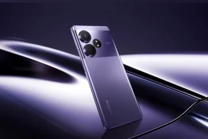 Realme GT Neo 7 smartphone with sleek design, featuring a purple finish and triple rear camera setup.