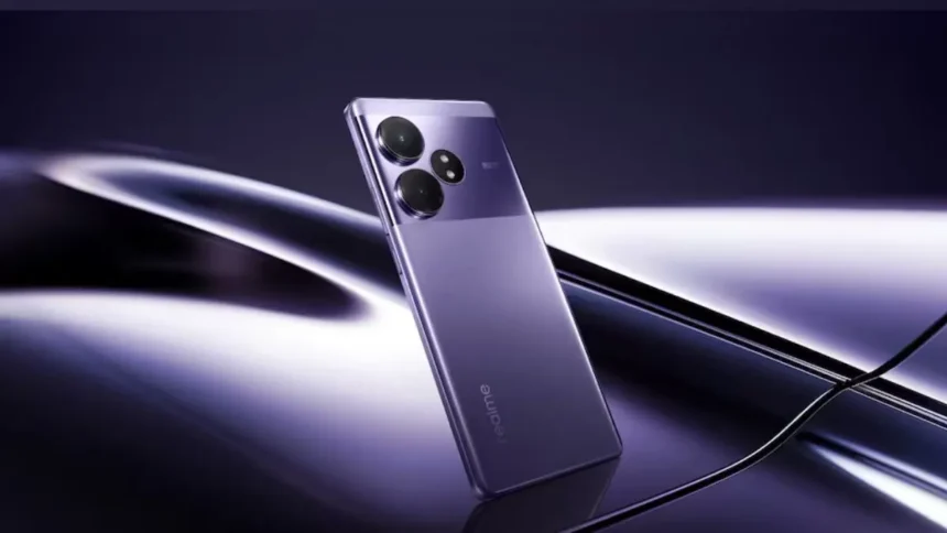 Realme GT Neo 7 smartphone with sleek design, featuring a purple finish and triple rear camera setup.