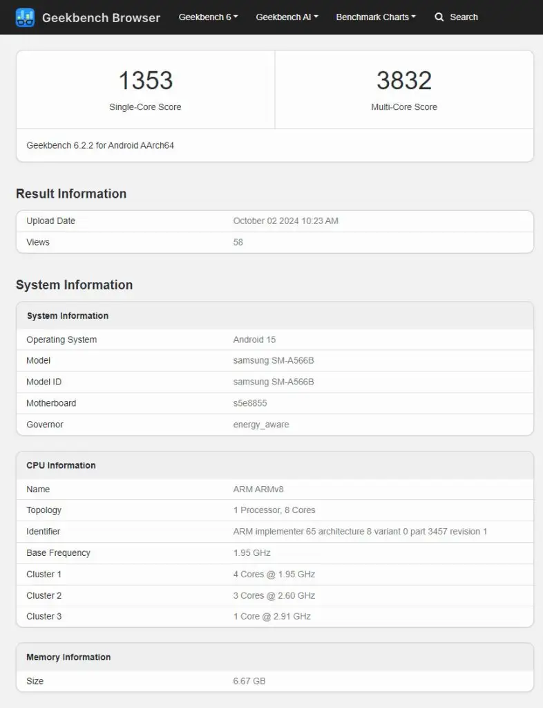 Samsung Galaxy A56 5G benchmark score